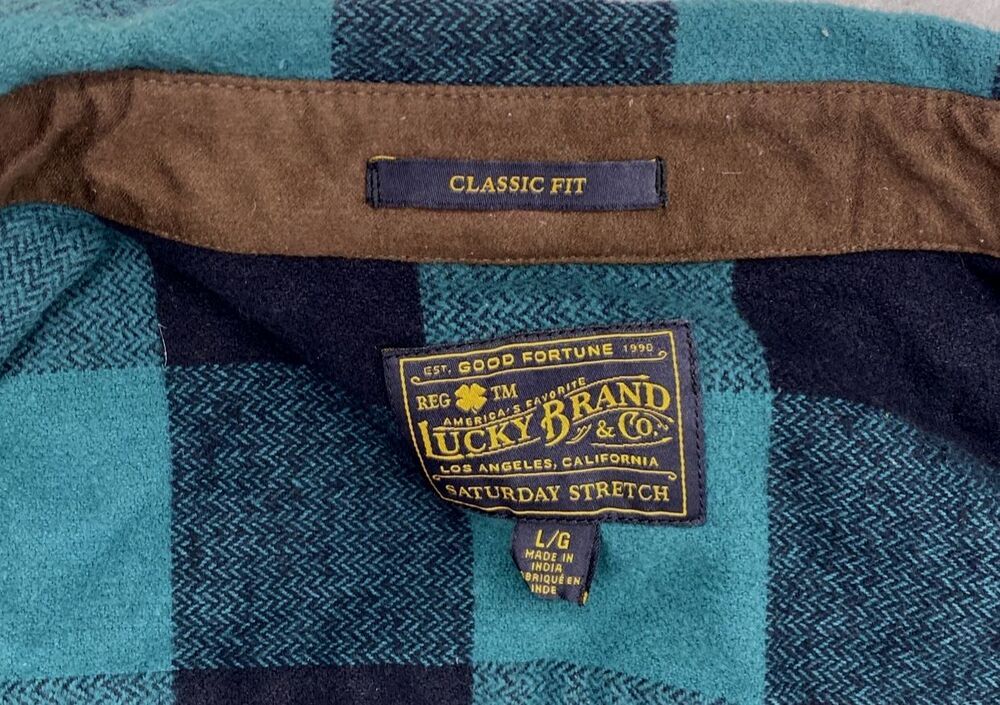 Lucky Brand Saturday Stretch Flannel Shirt Men's XL Green Buffalo Plaid Cotton - Picture 4 of 8